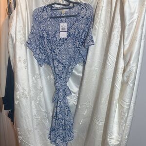 Chic Blue Patterned Kimono Dress with Ruffle on Sleeves and Him